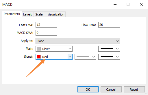 จะตั้งค่าสีของเส้นสัญญาณ MACD บน MT5 ได้อย่างไร